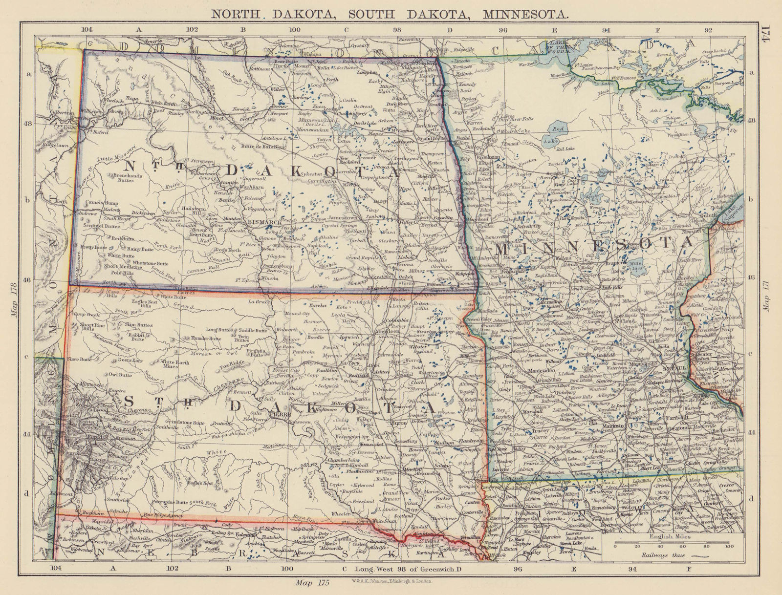 USA PLAINS STATES. North Dakota South Dakota Minnesota. Railroads 1901 old map