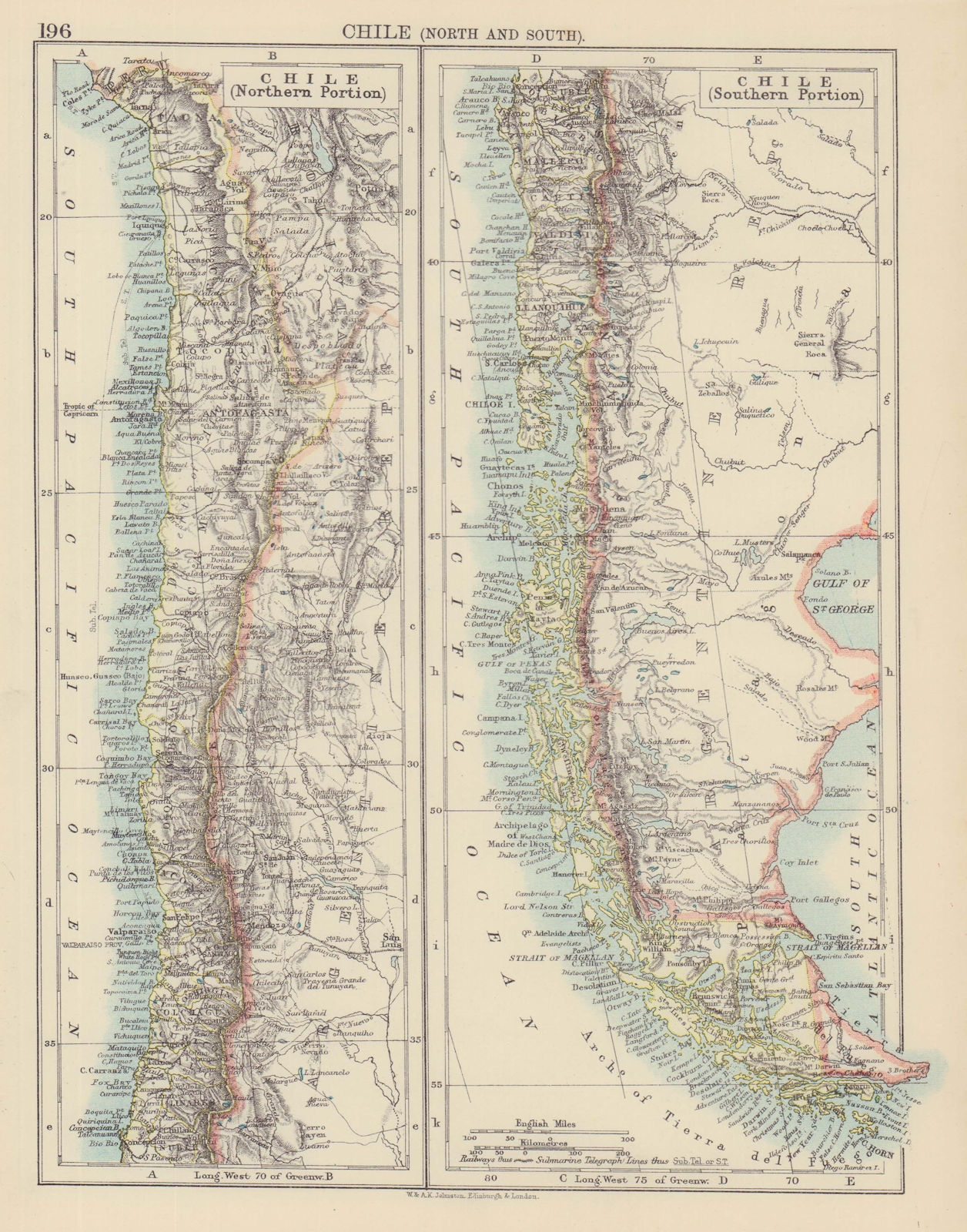 CHILE & SOUTHERN ARGENTINA. Patagonia Andes. JOHNSTON 1901 old antique map