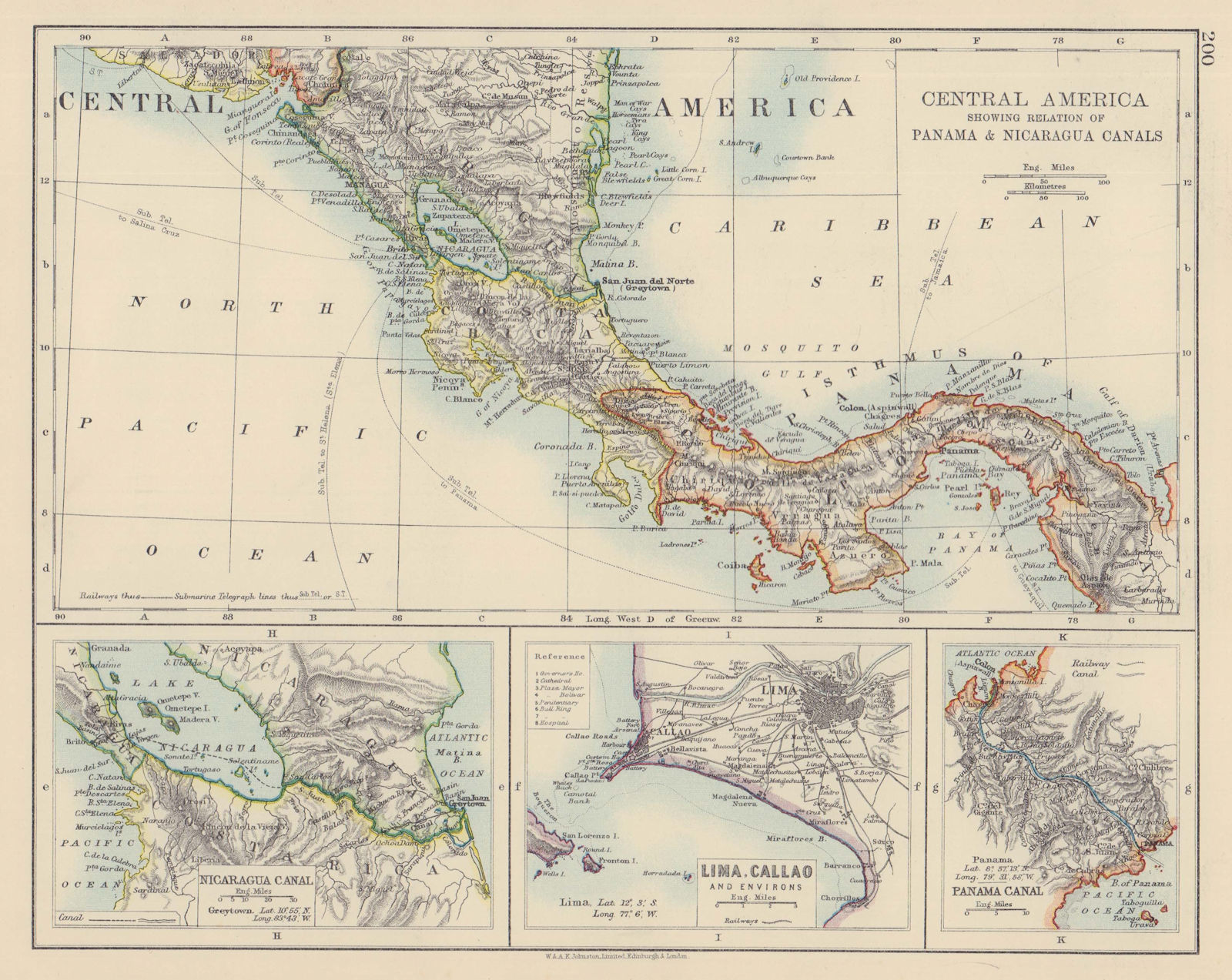 CENTRAL AMERICA. Panama & Nicaragua Canals. Lima Costa Rica. JOHNSTON 1901 map