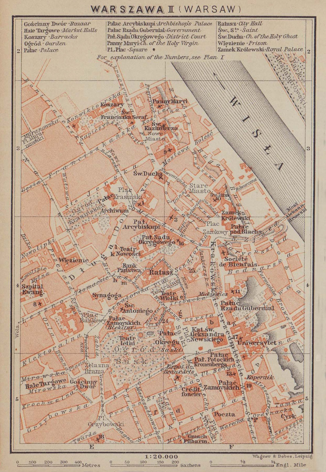 Warsaw II town/city centre plan miasta mapa. Poland. Warszawa. BAEDEKER 1914