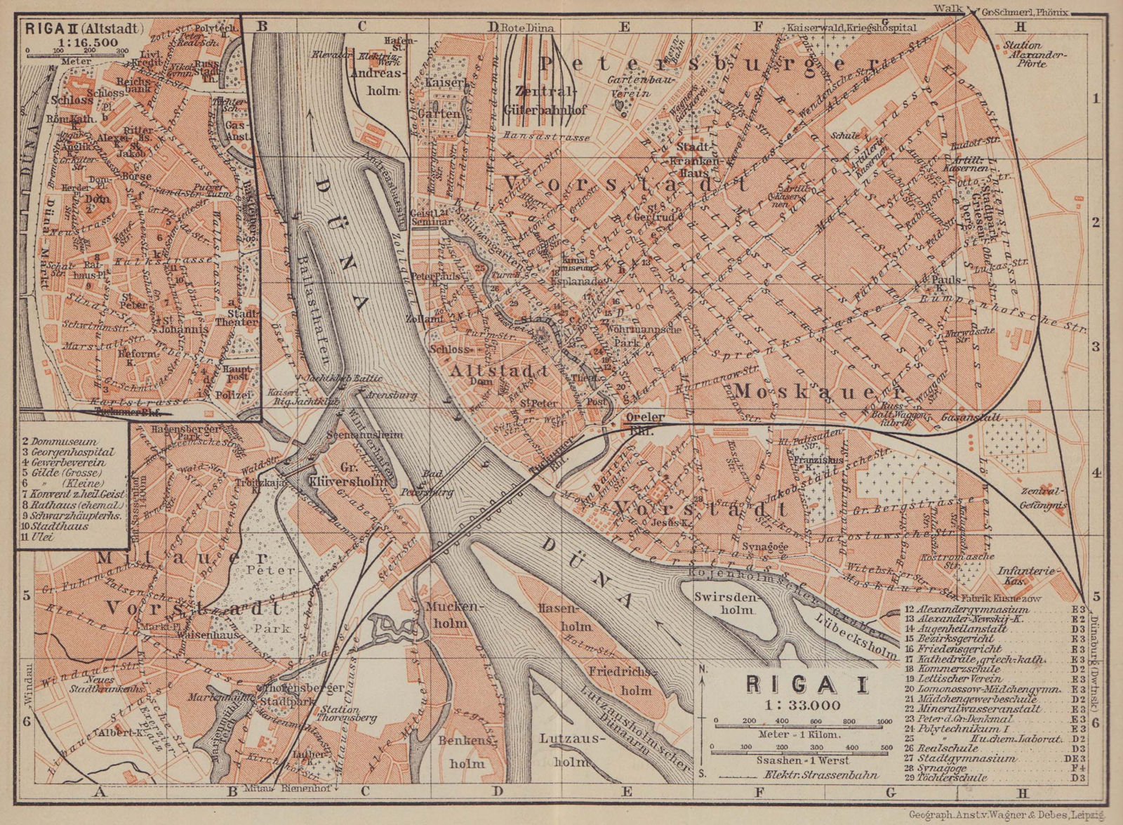 Riga town/city plan pilsetas karte. Latvia. BAEDEKER 1914 old antique map