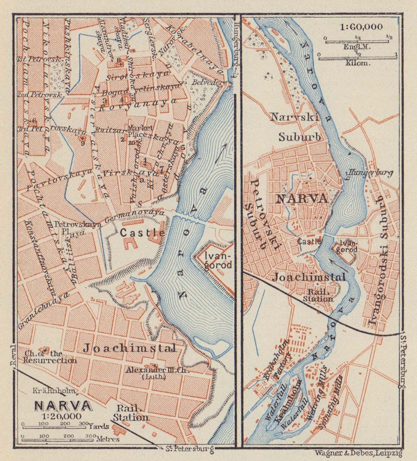 Narva town/city plan linna kaart. Estonia. BAEDEKER 1914 old antique map chart