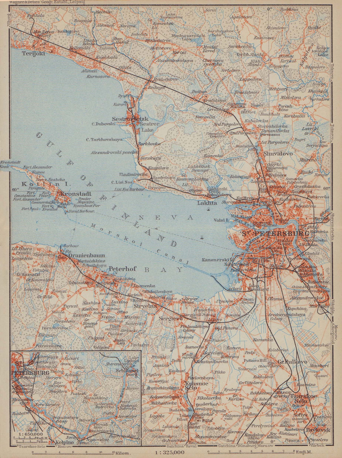 St. Petersburg environs. Kronstadt Peterhof Russia. BAEDEKER 1914 old map