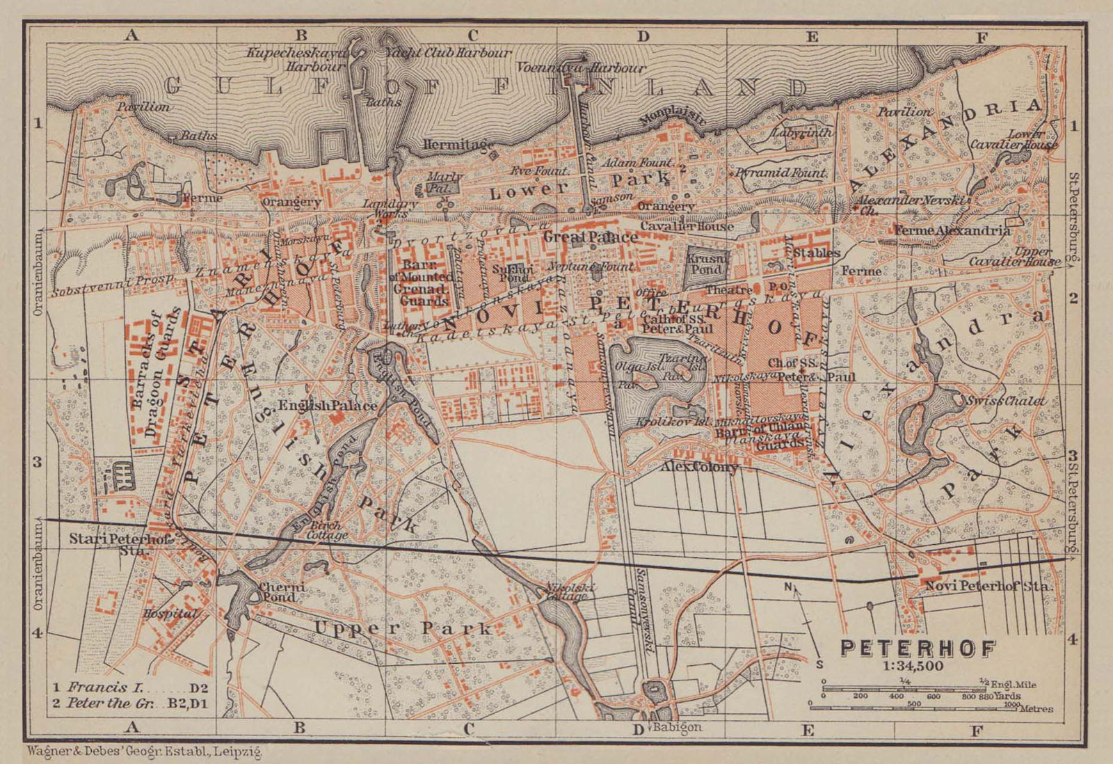 Associate Product Peterhof Palace, Petergof, St Petersburg. Russia. BAEDEKER 1914 old map