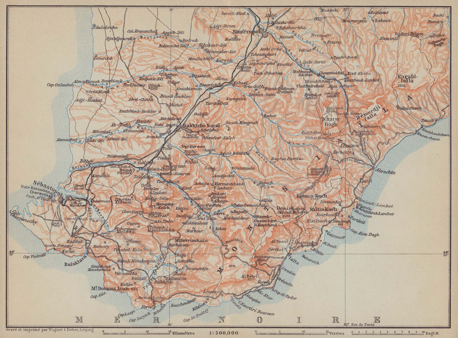 Southwest Crimea / Crimean Mountains. Ukraine. BAEDEKER 1914 old antique map