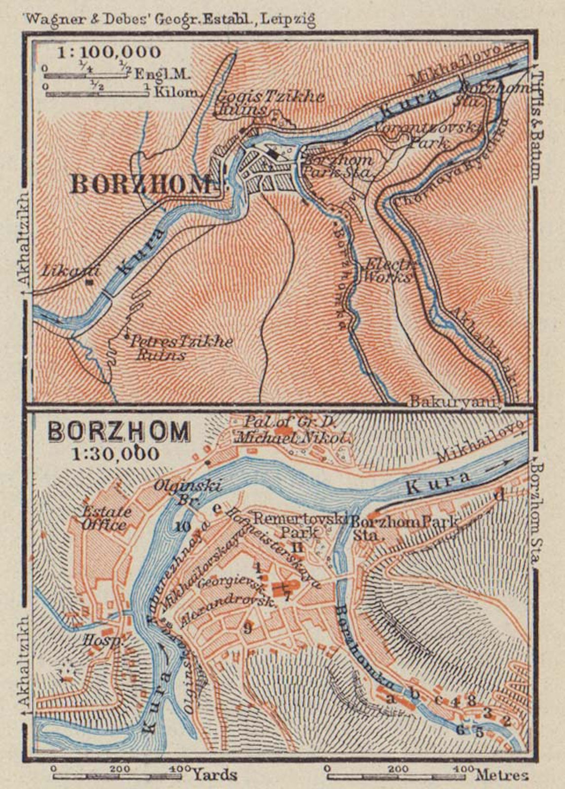 Borjomi (Borshom) town/city plan. Georgia. VERY SMALL. BAEDEKER 1914 old map