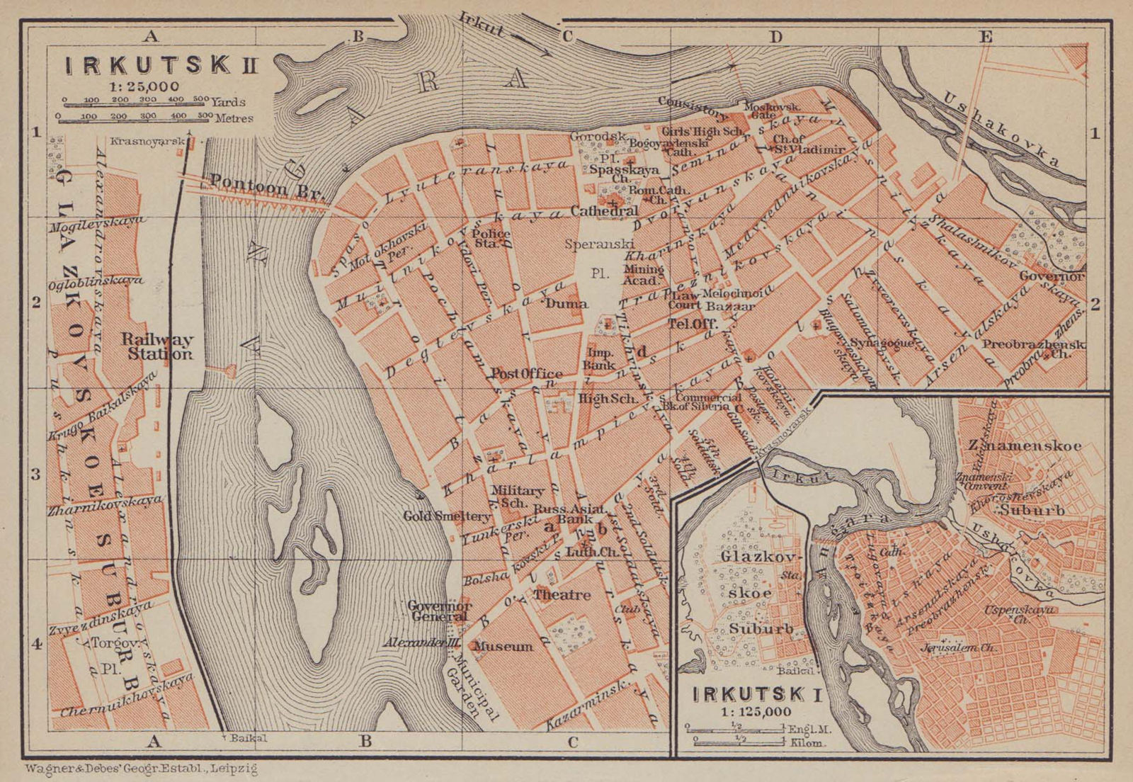 Irkutsk town/city plan. Russia. BAEDEKER 1914 old antique map chart