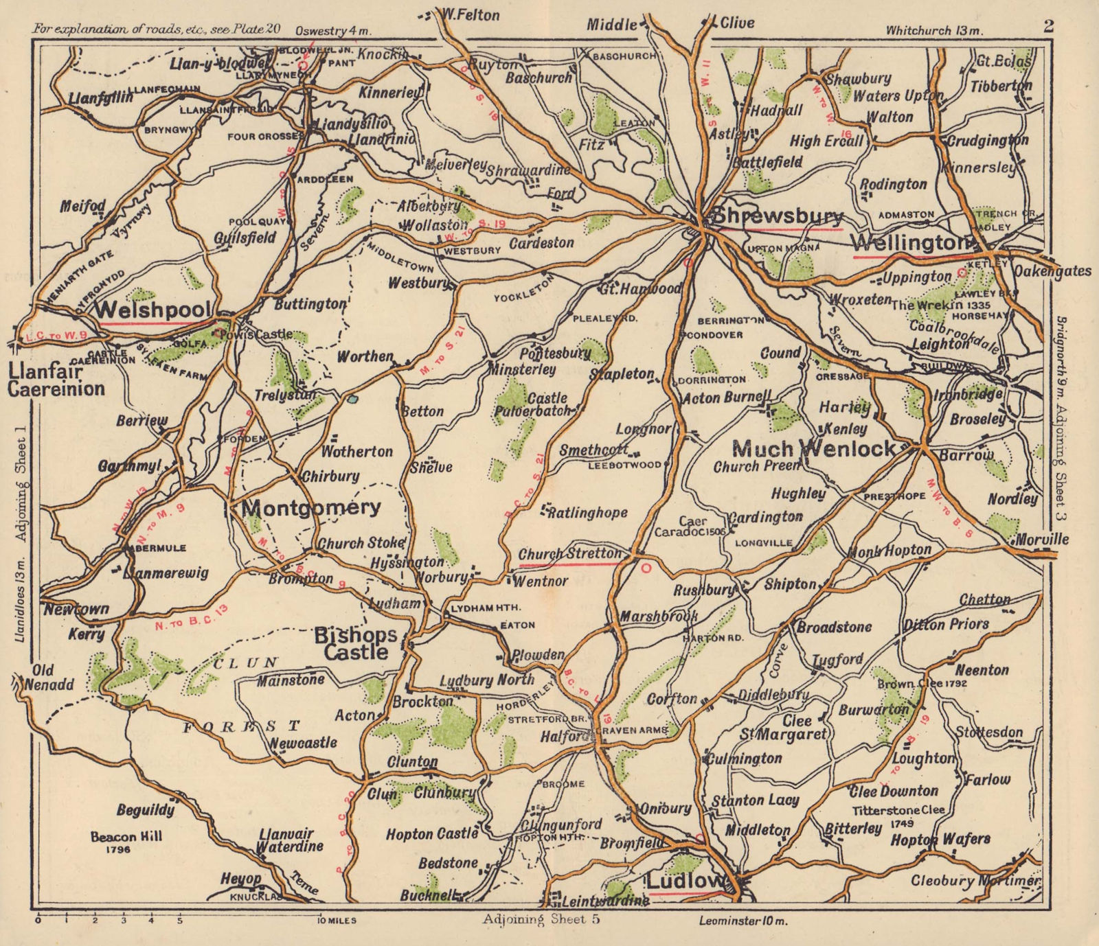 Associate Product Shropshire Hills road map. Wenlock Ludlow Shrewsbury Welshpool. BACON c1920