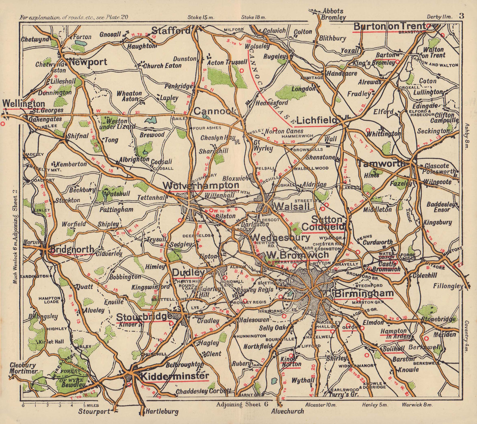Associate Product West Midlands road map. Birmingham Kidderminster Wolverhampton. BACON c1920