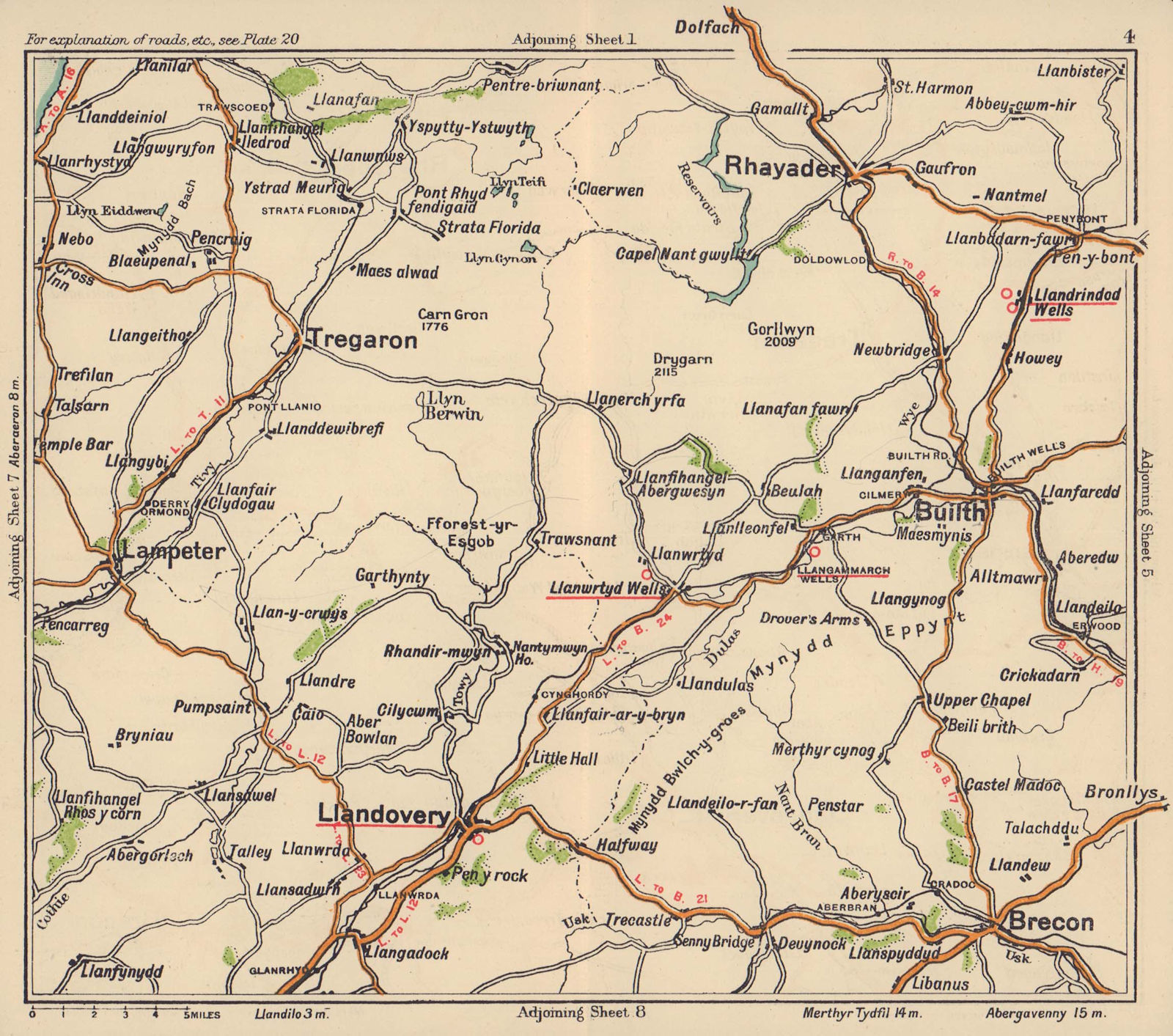 Associate Product Mid Wales road map. Llandovery Rhayader Brecon Builth. BACON c1920 old