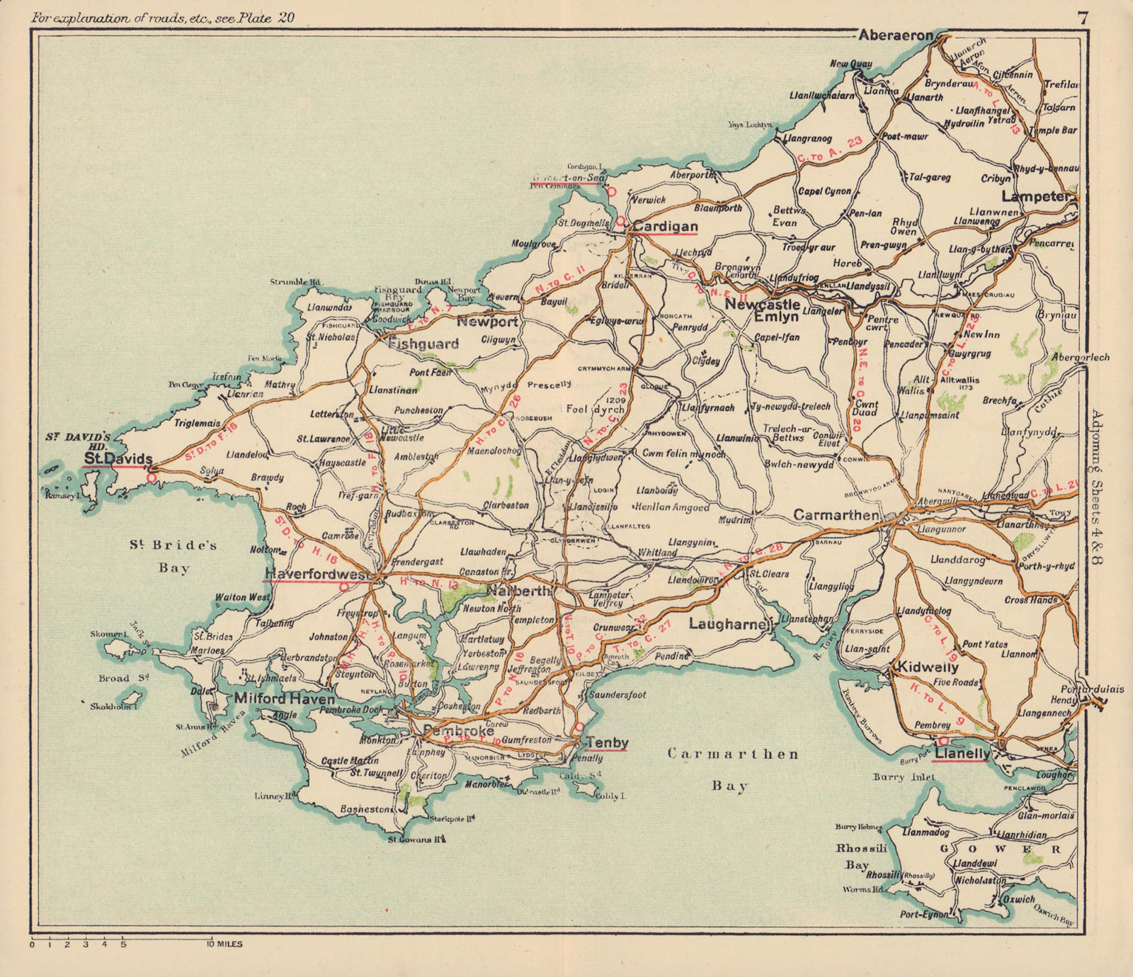 Associate Product Pembrokeshire road map. Carmarthen St. Davids Haverfordwest. BACON c1920