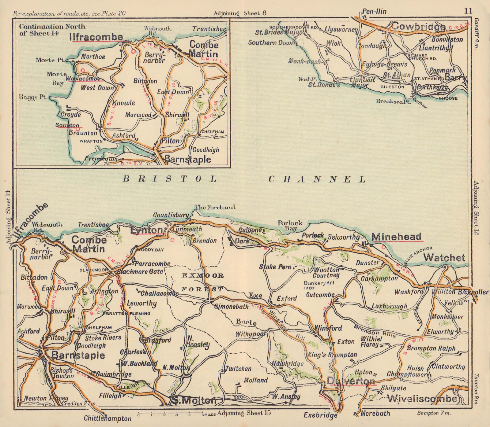 North Devon coast road map. Minehead Lynton Ilfracombe Barnstaple BACON c1920