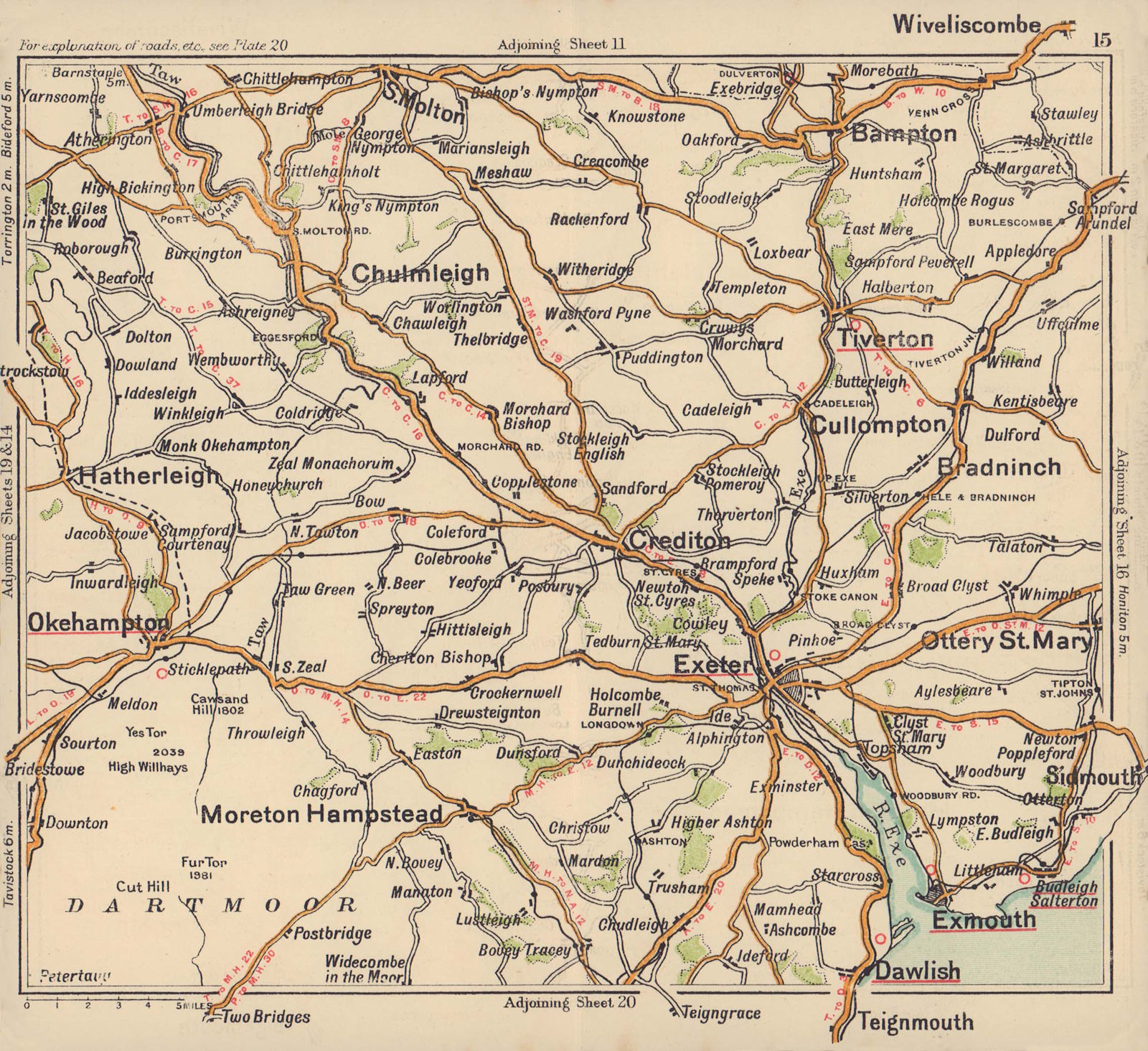 Mid-Devon road map. Exeter Dartmoor Dawlish Okehampton Crediton. BACON c1920