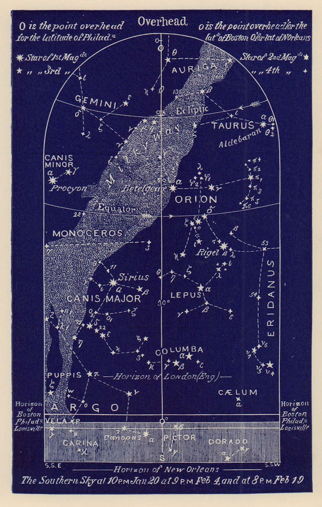 Southern night sky star chart February. Aquarius. Jan 20-Feb 19. PROCTOR 1882