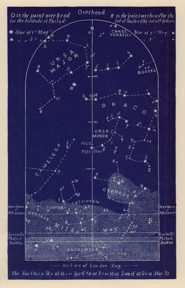 Northern night sky star chart May. Taurus. April 20-May 21. PROCTOR 1882 print