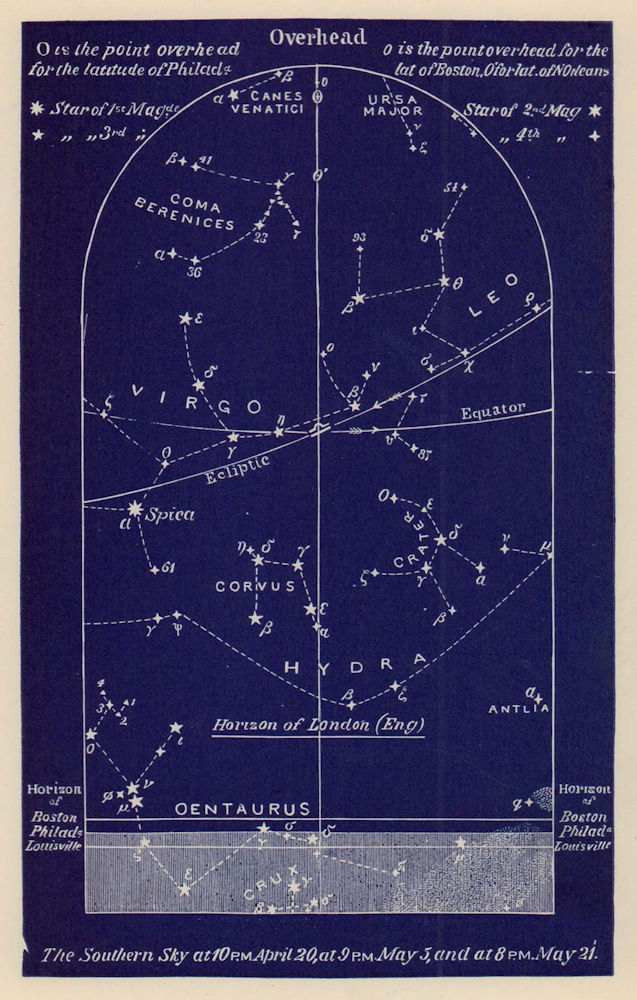 Southern night sky star chart May. Taurus. April 20-May 21. PROCTOR 1882 print