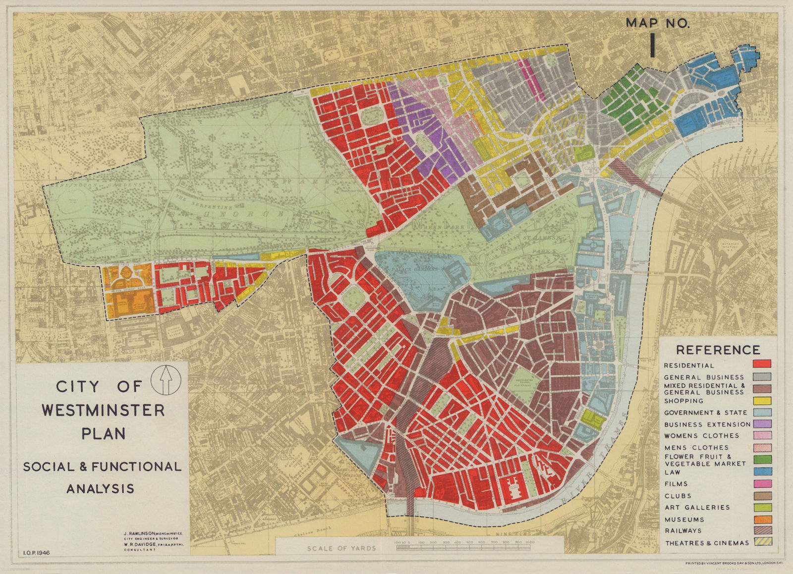City of Westminster plan. Social & Functional Analysis. RAWLINSON 1946 old map
