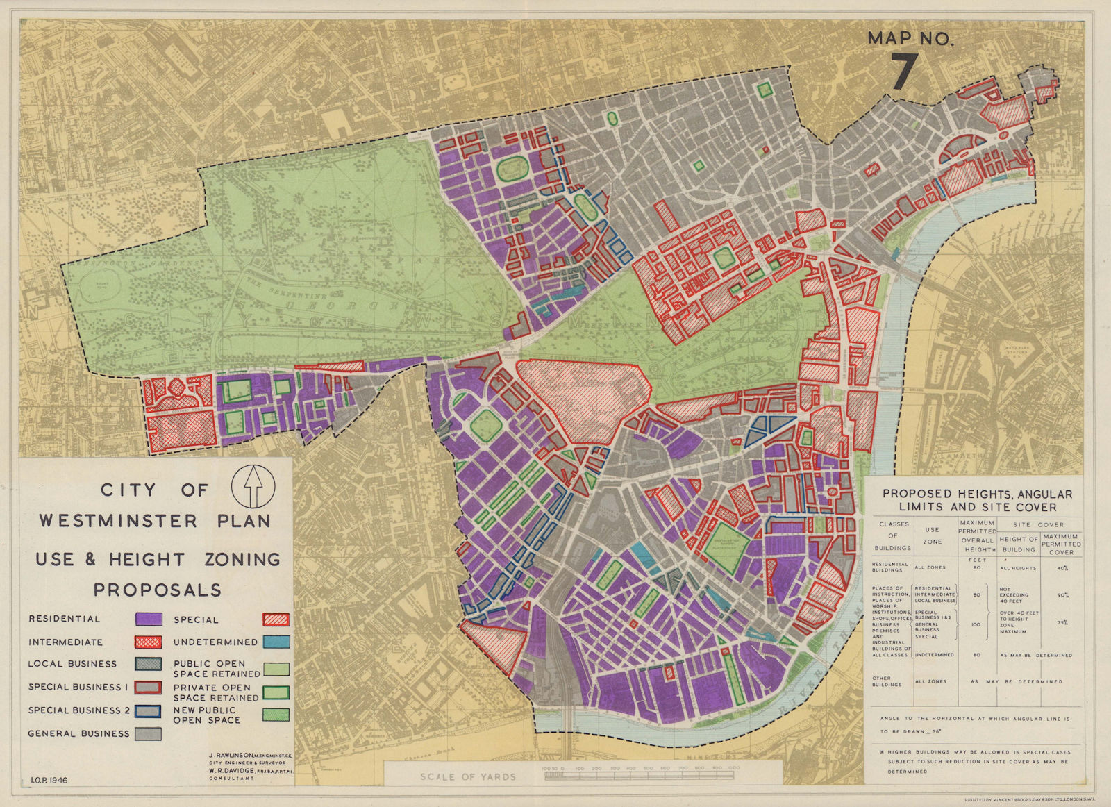 City of Westminster plan. Use & Height Zoning Proposals. RAWLINSON 1946 map