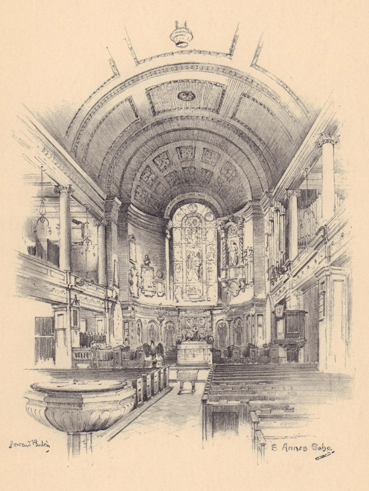 St. Anne's church Soho, interior. Westminster 1904 old antique print picture
