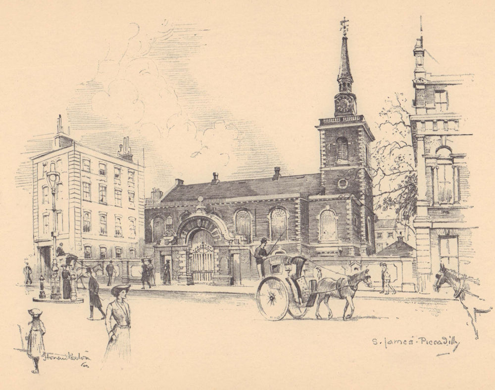 St. James's church, Piccadilly. Westminster 1904 old antique print picture