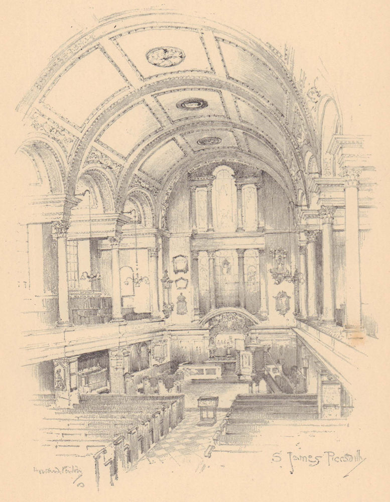 St. James's church, Piccadilly, interior. Westminster 1904 old antique print