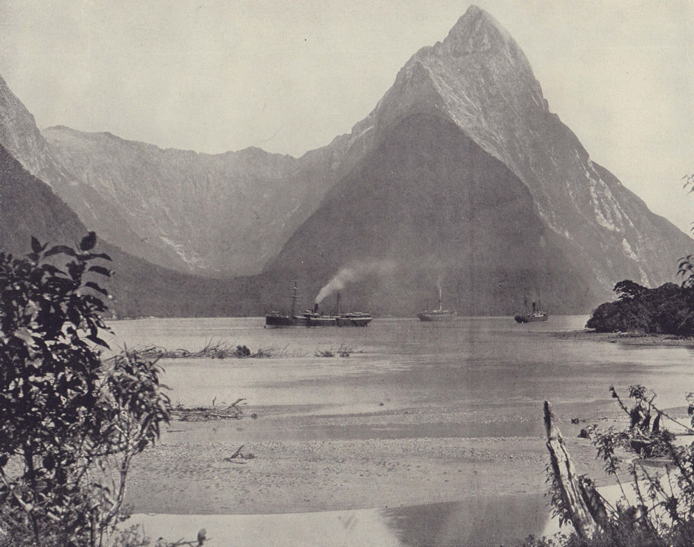Miter Peak, Milford Sound. New Zealand. STODDARD 1895 old antique print