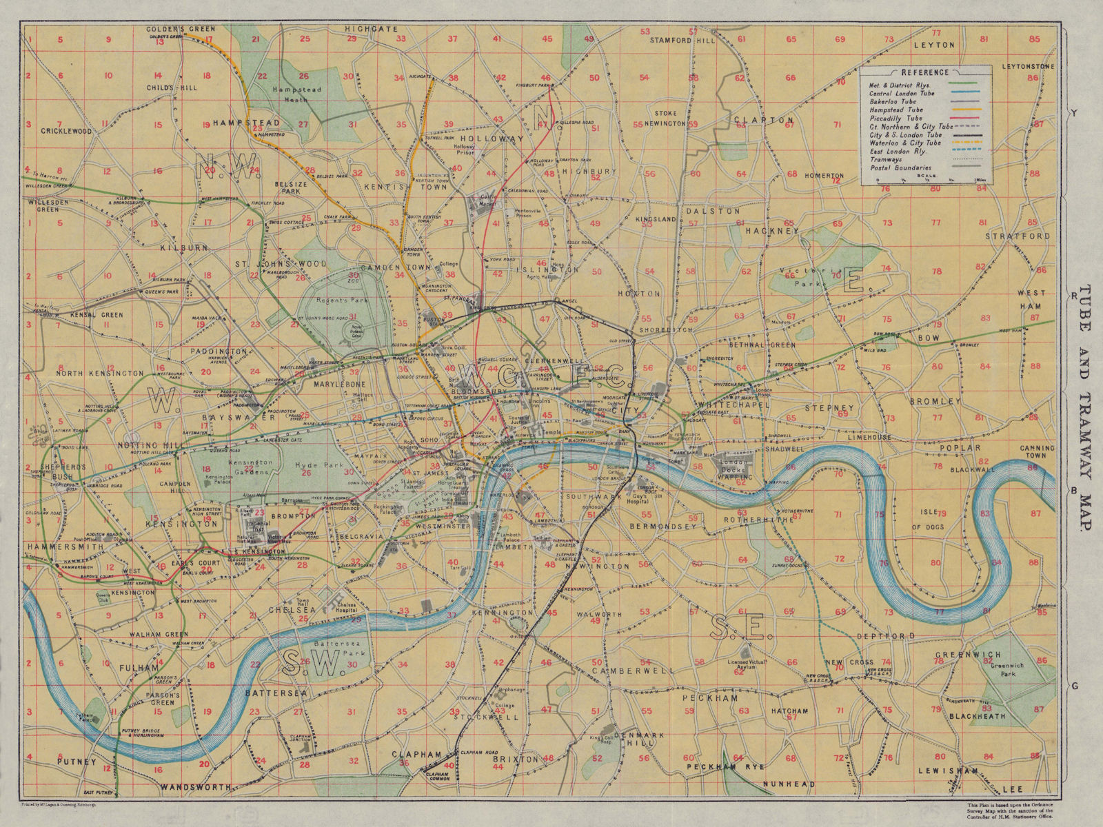 Tube and Tramway map of London. Underground 1920 old antique plan chart
