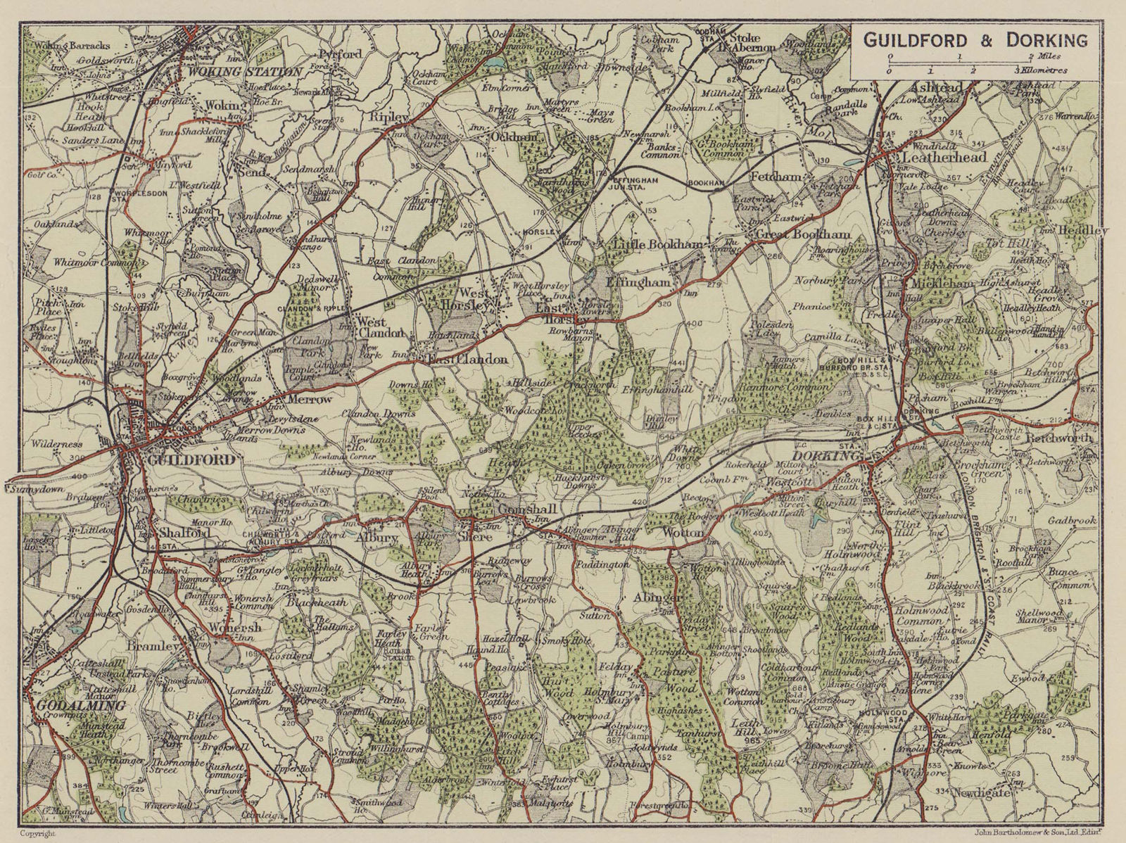 GUILDFORD & DORKING area. Godalming Woking Leatherhead. Surrey 1920 old map