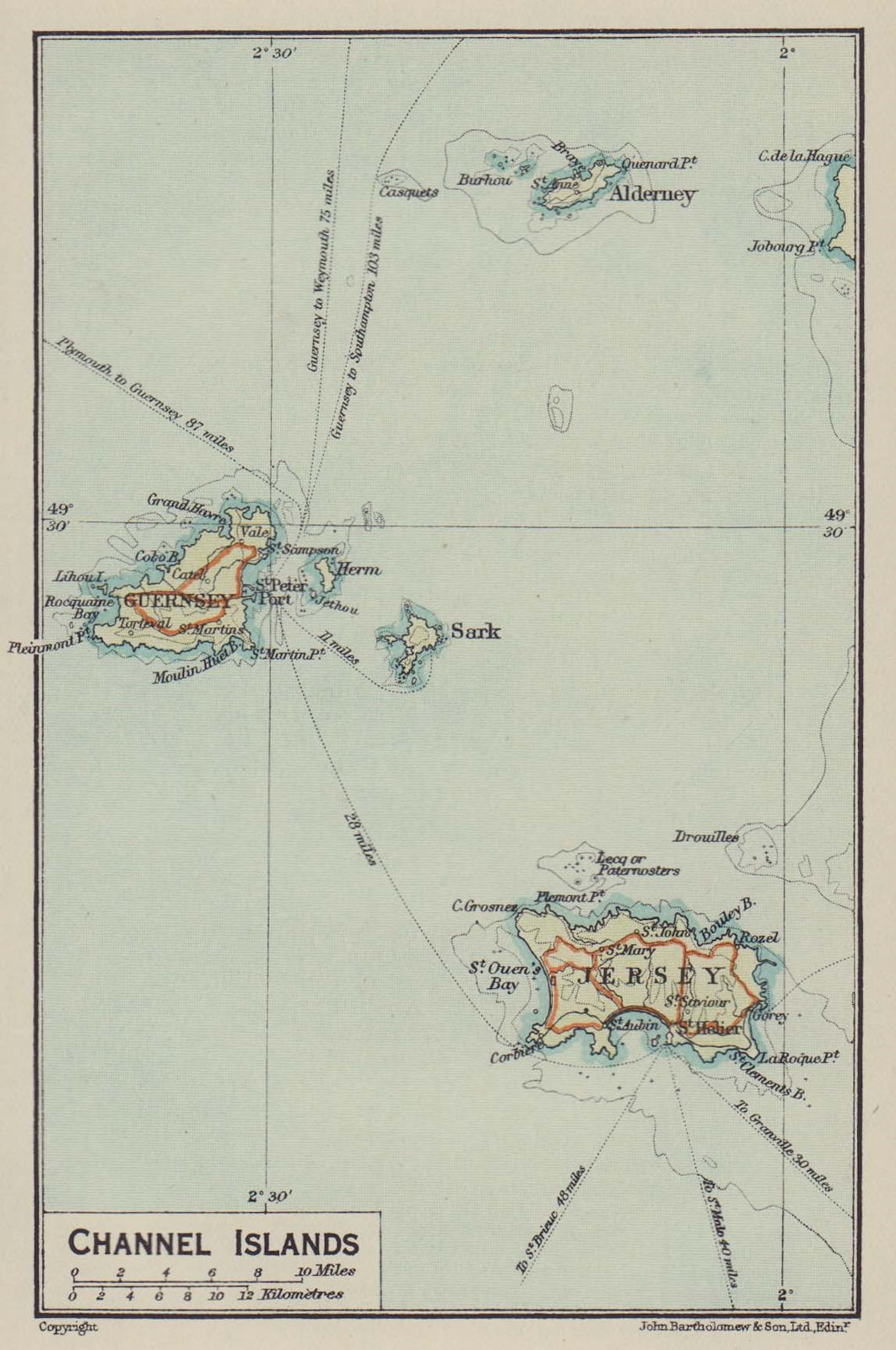 Channel Islands. Jersdey Guernsey Sark Alderney 1920 old antique map chart