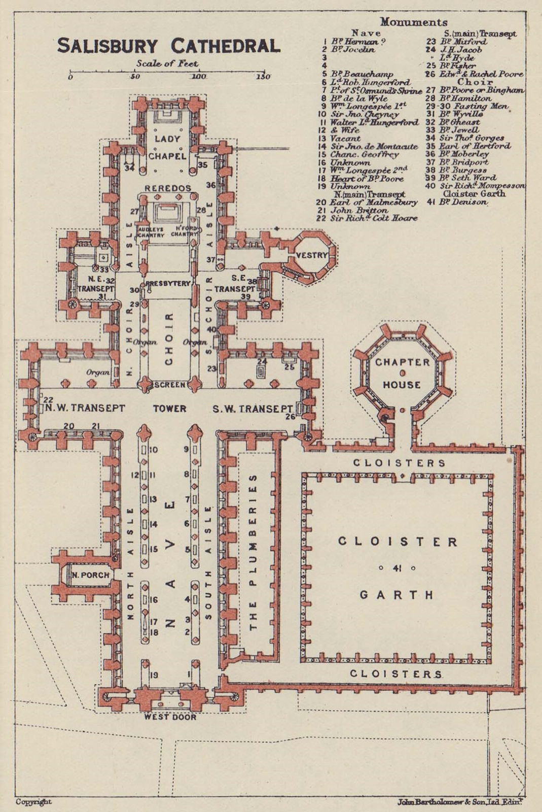Salisbury Cathedral ground floor plan. Wiltshire 1920 old antique map chart