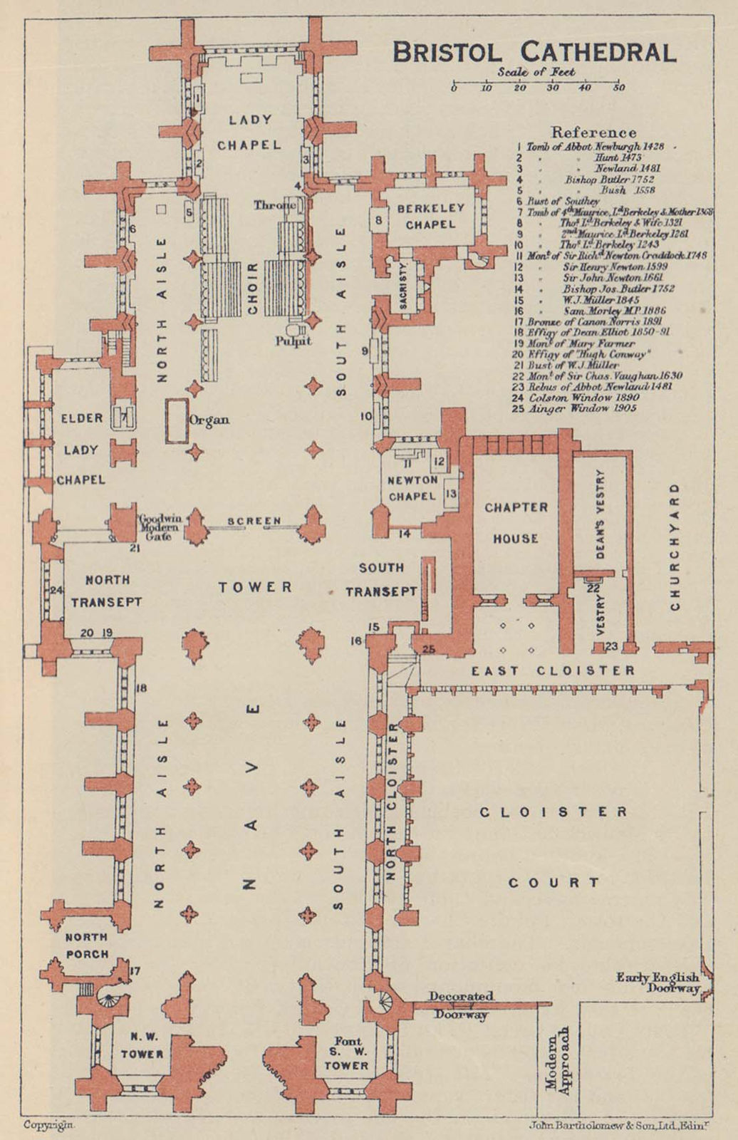 Bristol Cathedral ground floor plan. Gloucestershire 1920 old antique map