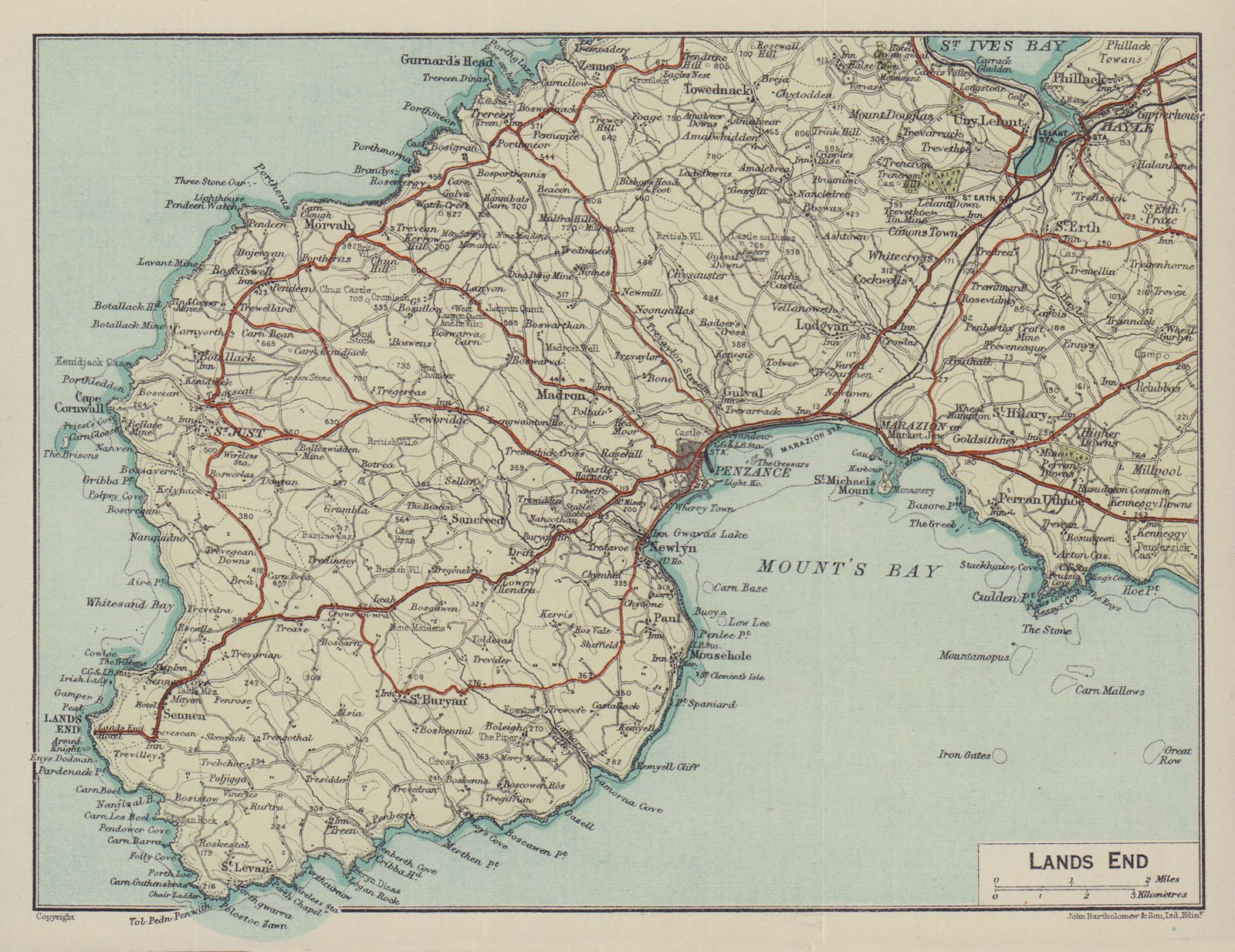 Associate Product Lands End. Penzance Marazion. Cornwall 1920 old antique vintage map plan chart