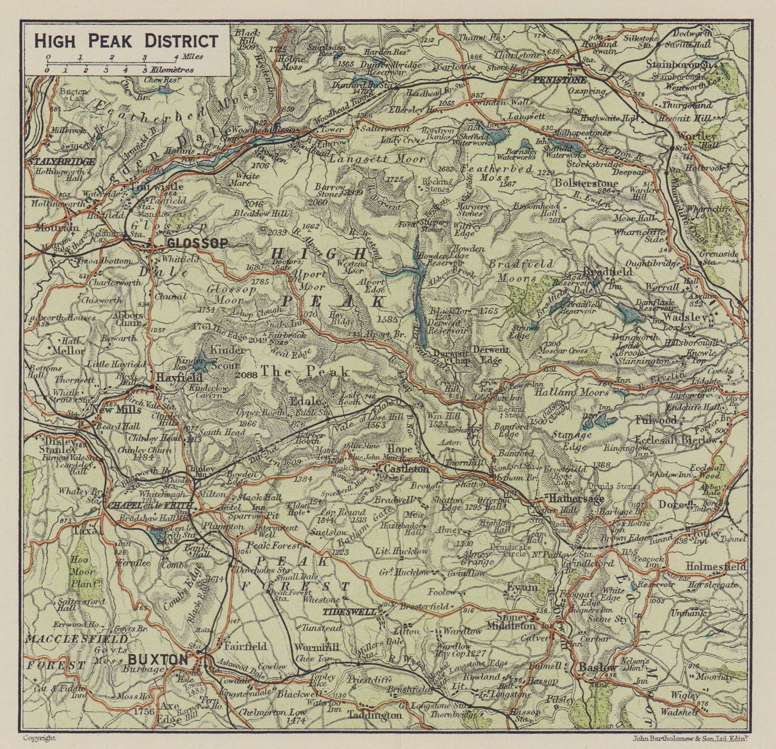 High Peak District. Buxton Glossop Derbyshire 1920 old antique map plan ...