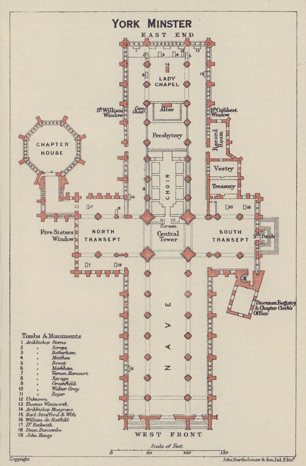 York Minster ground floor plan. Yorkshire 1920 old antique map chart