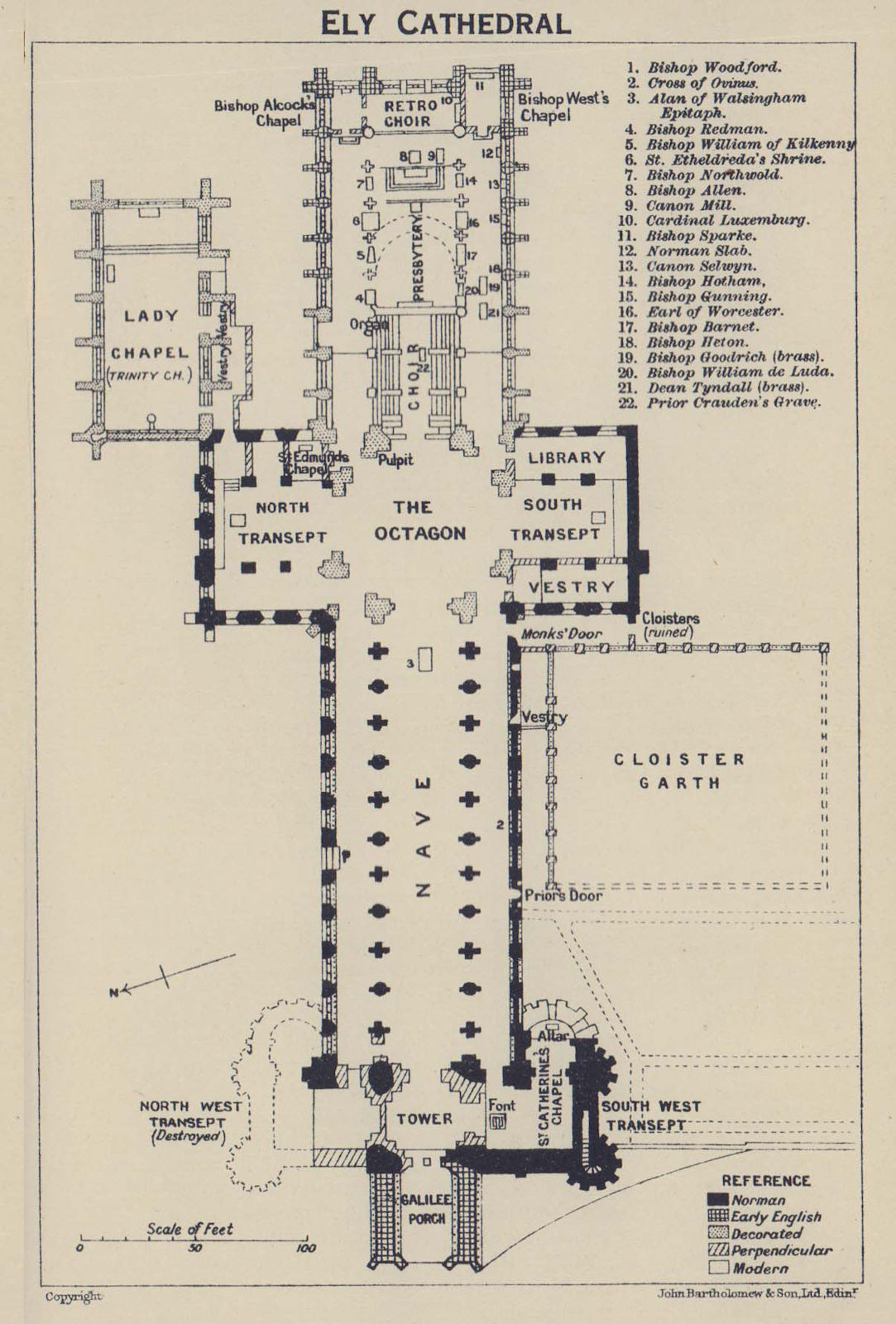 Ely Cathedral ground floor plan. Cambridgeshire 1920 old antique map chart