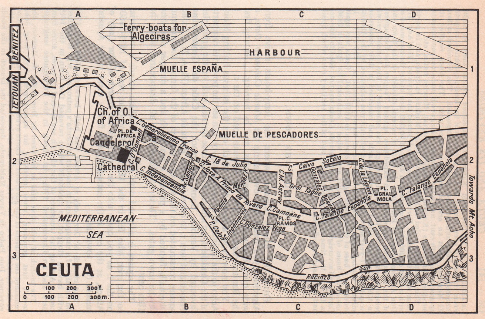 Ceuta vintage town city tourist plan. Spain / Morocco 1966 old vintage map