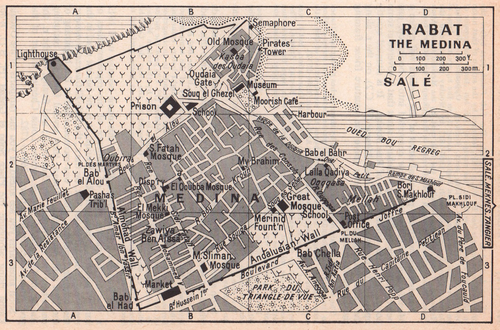 Rabat - the Medina vintage town city tourist plan. Morocco 1966 old map