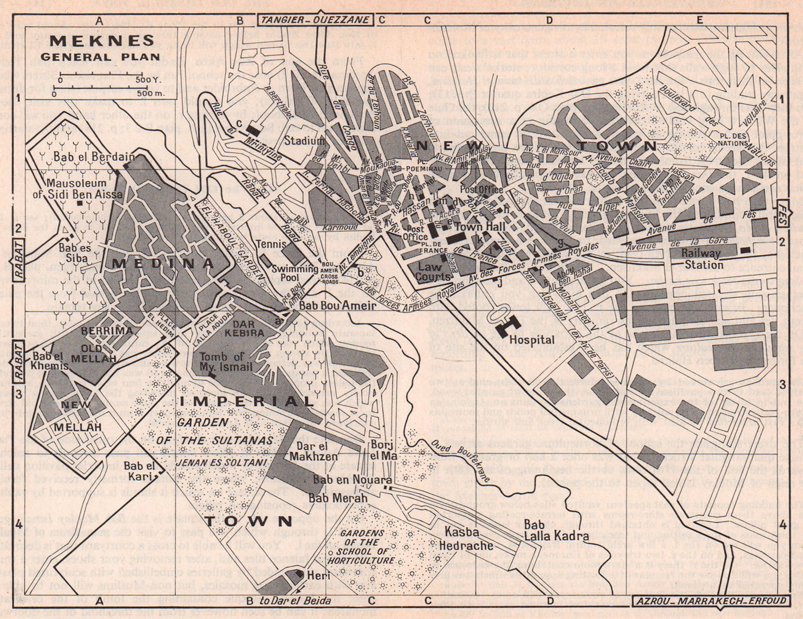 Meknes - General plan vintage town city tourist plan. Morocco 1966 old map