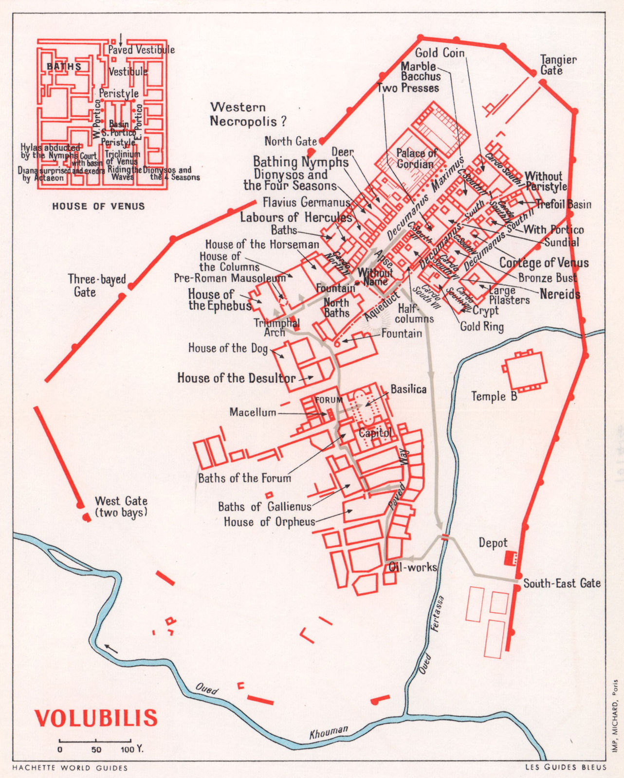 Volubilis vintage town city tourist plan. Morocco 1966 old vintage map chart