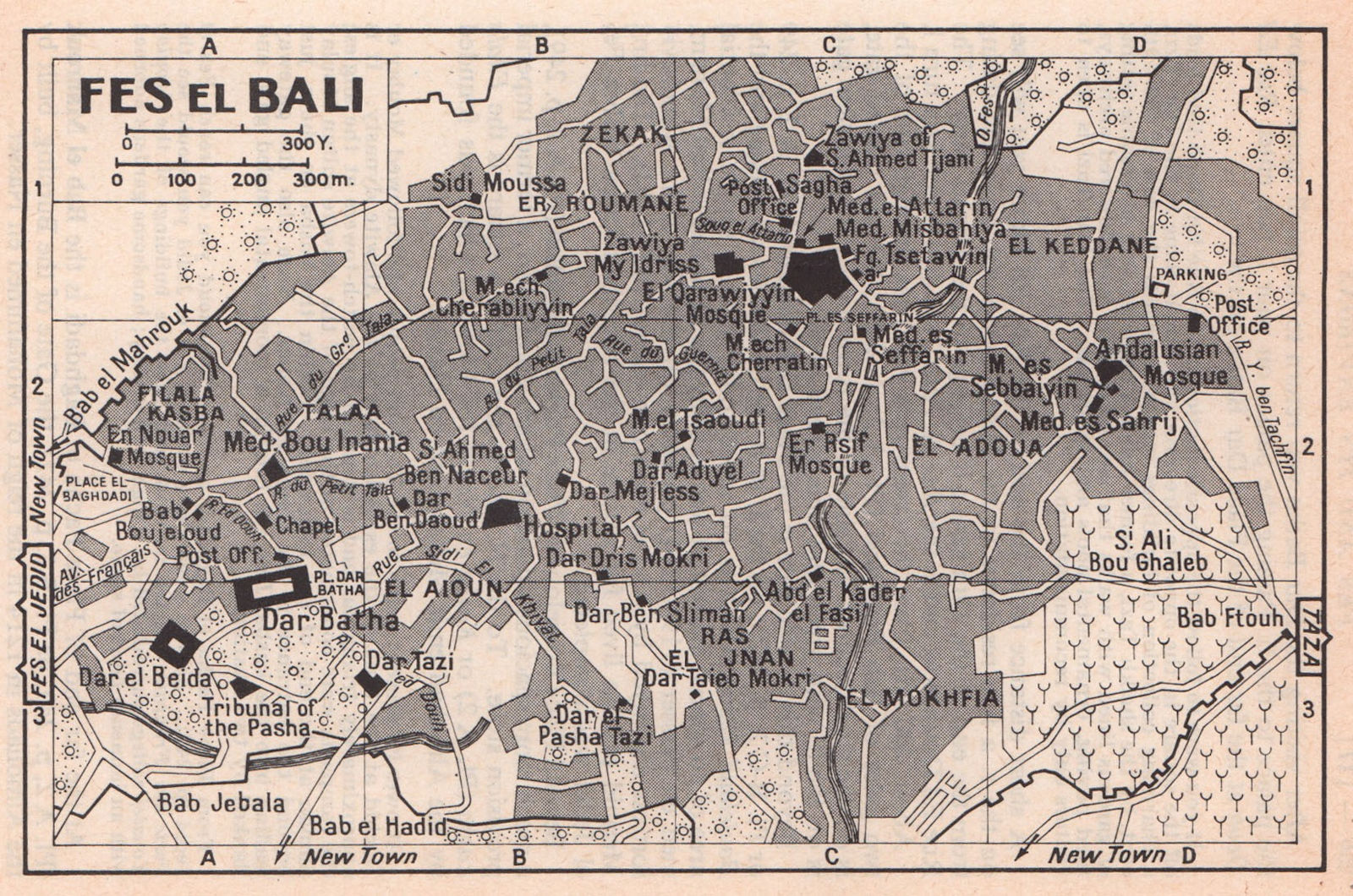 Fes el Bali vintage town city tourist plan. Fez, Morocco 1966 old vintage map
