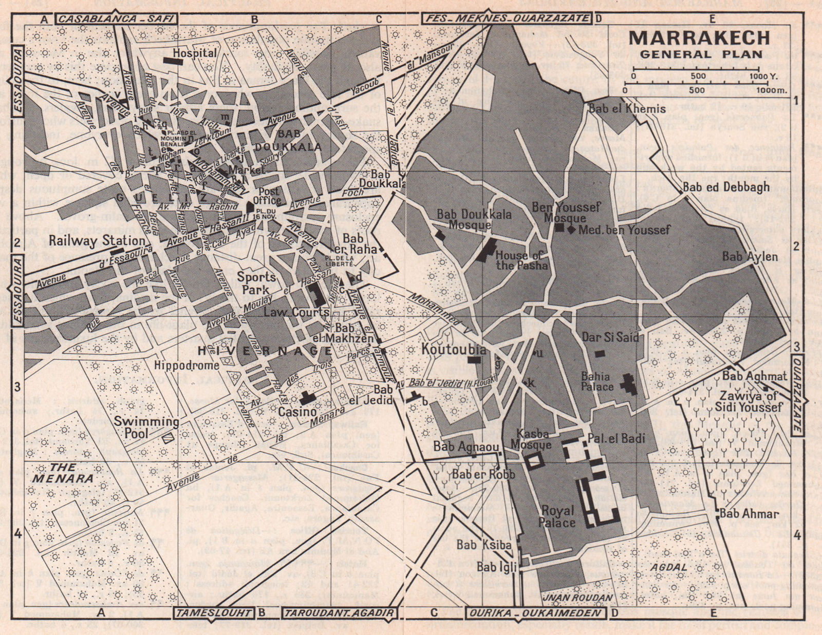 Marrakech - General map vintage town city tourist plan. Morocco 1966 old