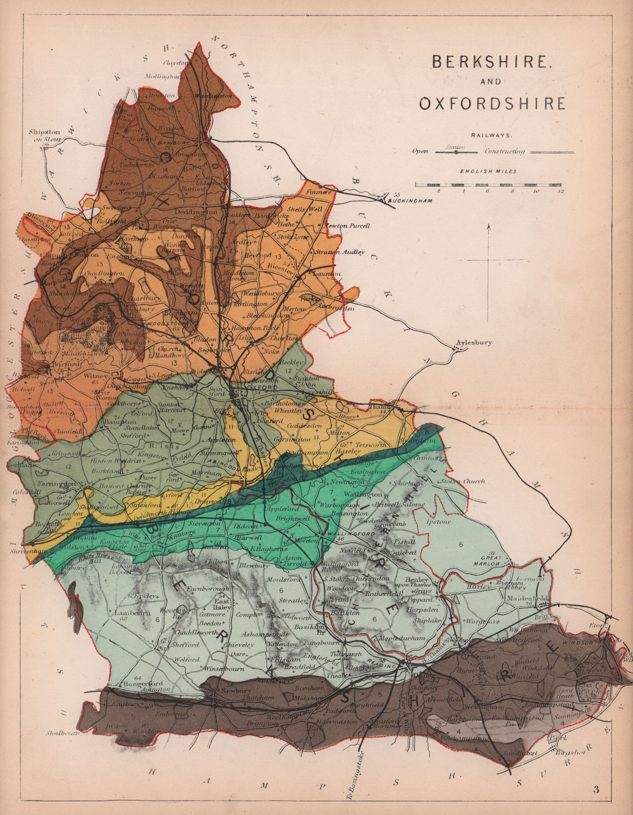 OXFORDSHIRE & BERKSHIRE antique geological county map by James Reynolds 1864