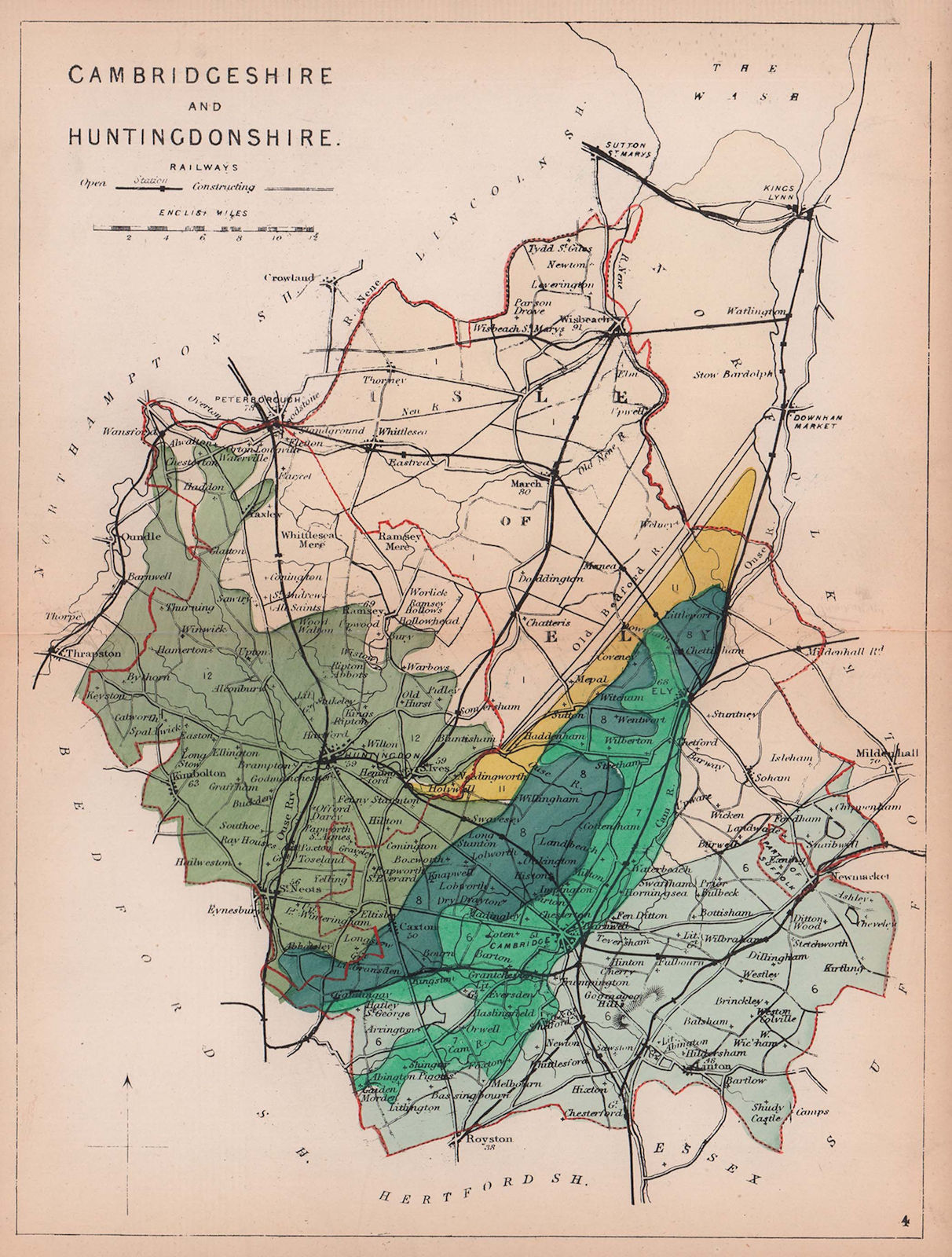 CAMBRIDGESHIRE & HUNTINGDONSHIRE antique geological county map. REYNOLDS 1864
