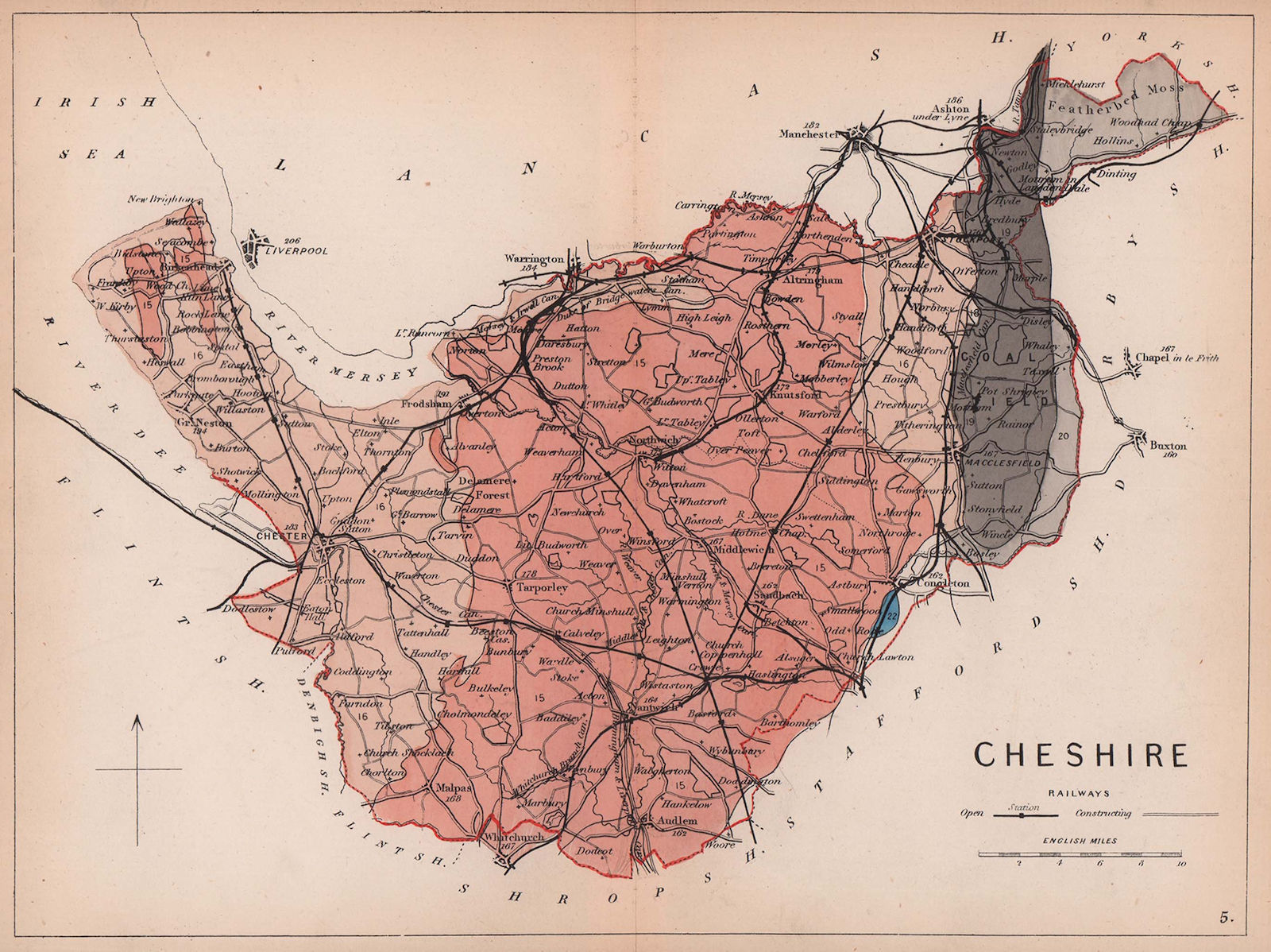 CHESHIRE antique geological county map by James Reynolds 1864