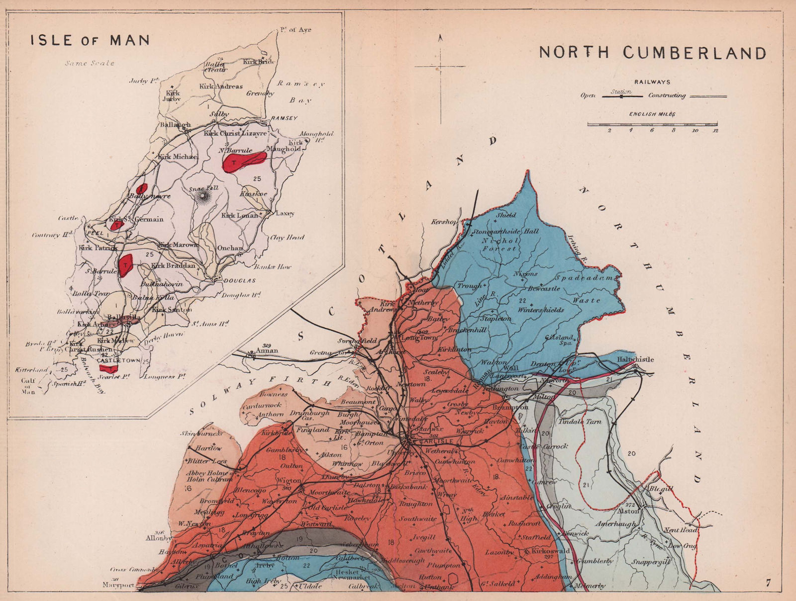 CUMBRIA. North Cumberland & Isle of Man geological county map. REYNOLDS 1864