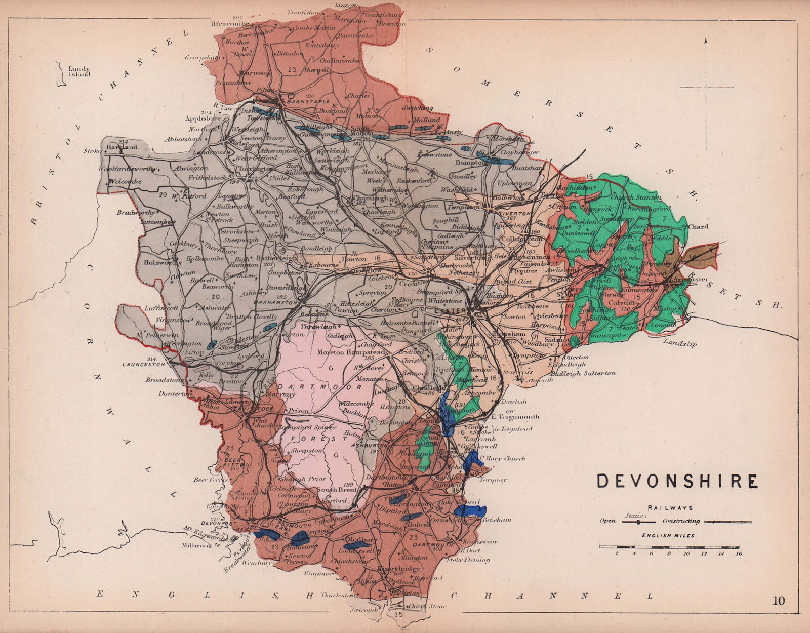 DEVON. Devonshire antique geological county map by James Reynolds 1864