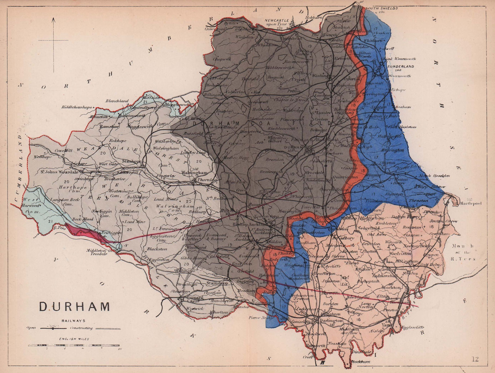 COUNTY DURHAM antique geological county map by James Reynolds 1864