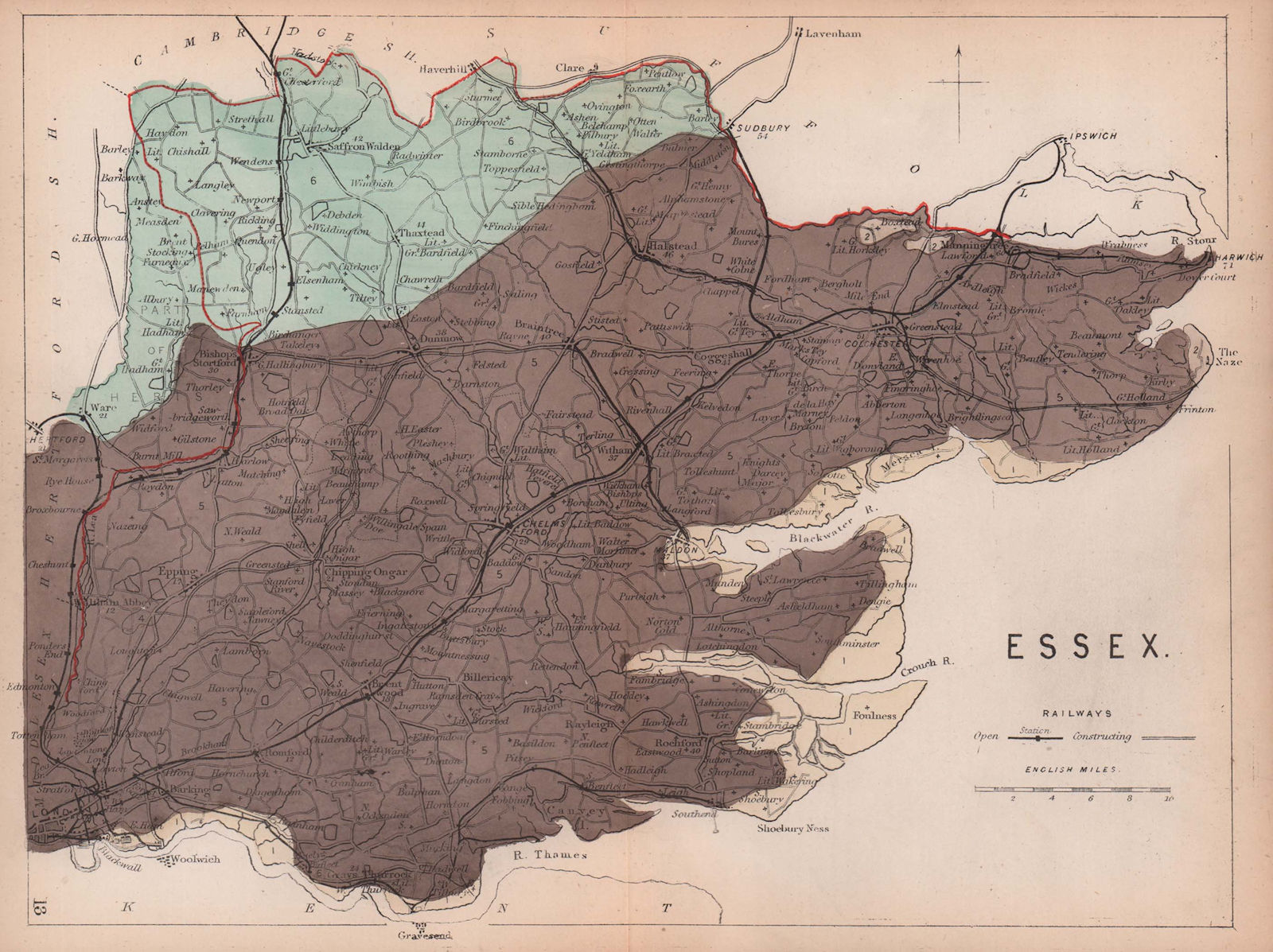 ESSEX antique geological county map by James Reynolds 1864