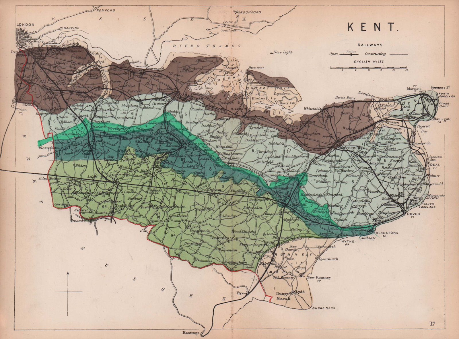 KENT antique geological county map by James Reynolds 1864