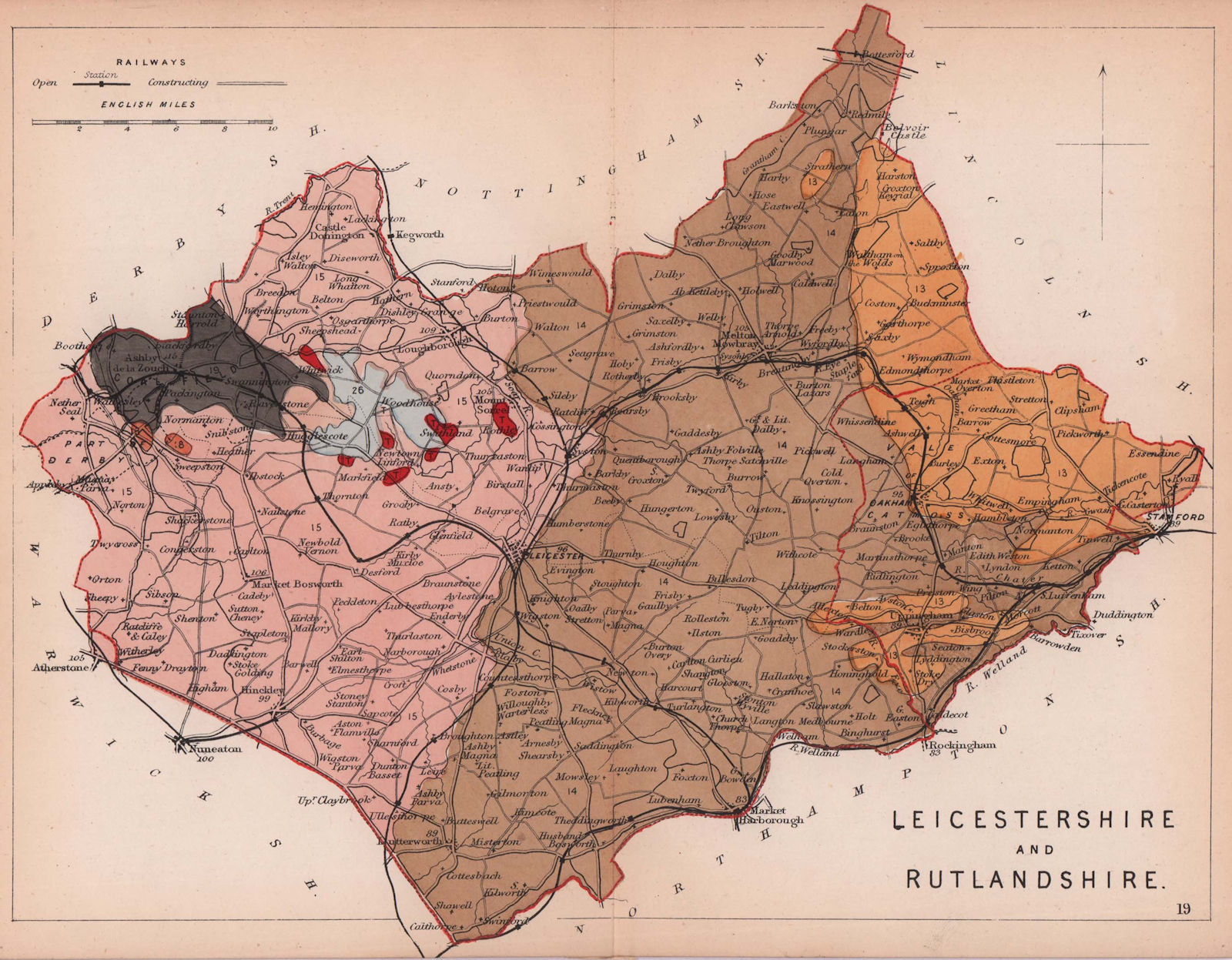 Associate Product LEICESTERSHIRE & RUTLANDSHIRE antique geological county map. James Reynolds 1864